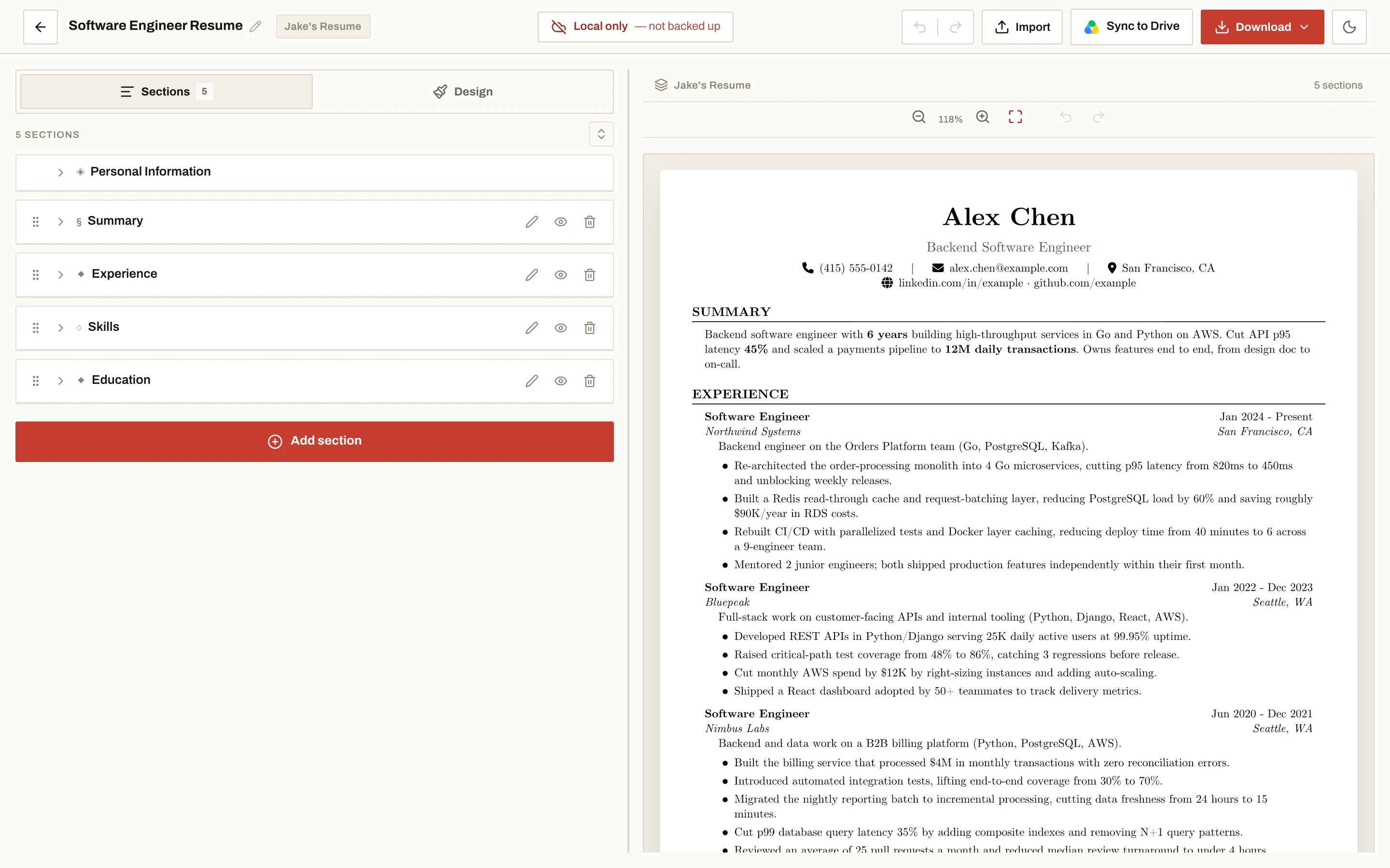 The NoCapCV editor open with no payments, upgrades or card prompts