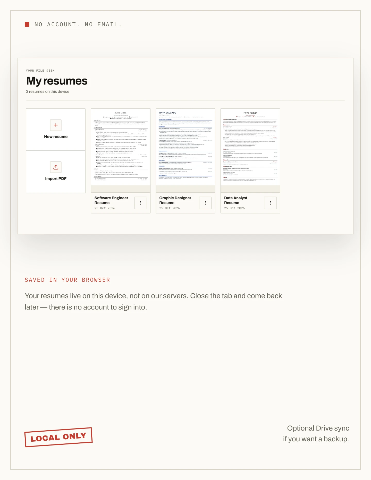 The NoCapCV dashboard showing three resumes stored on this device with no account