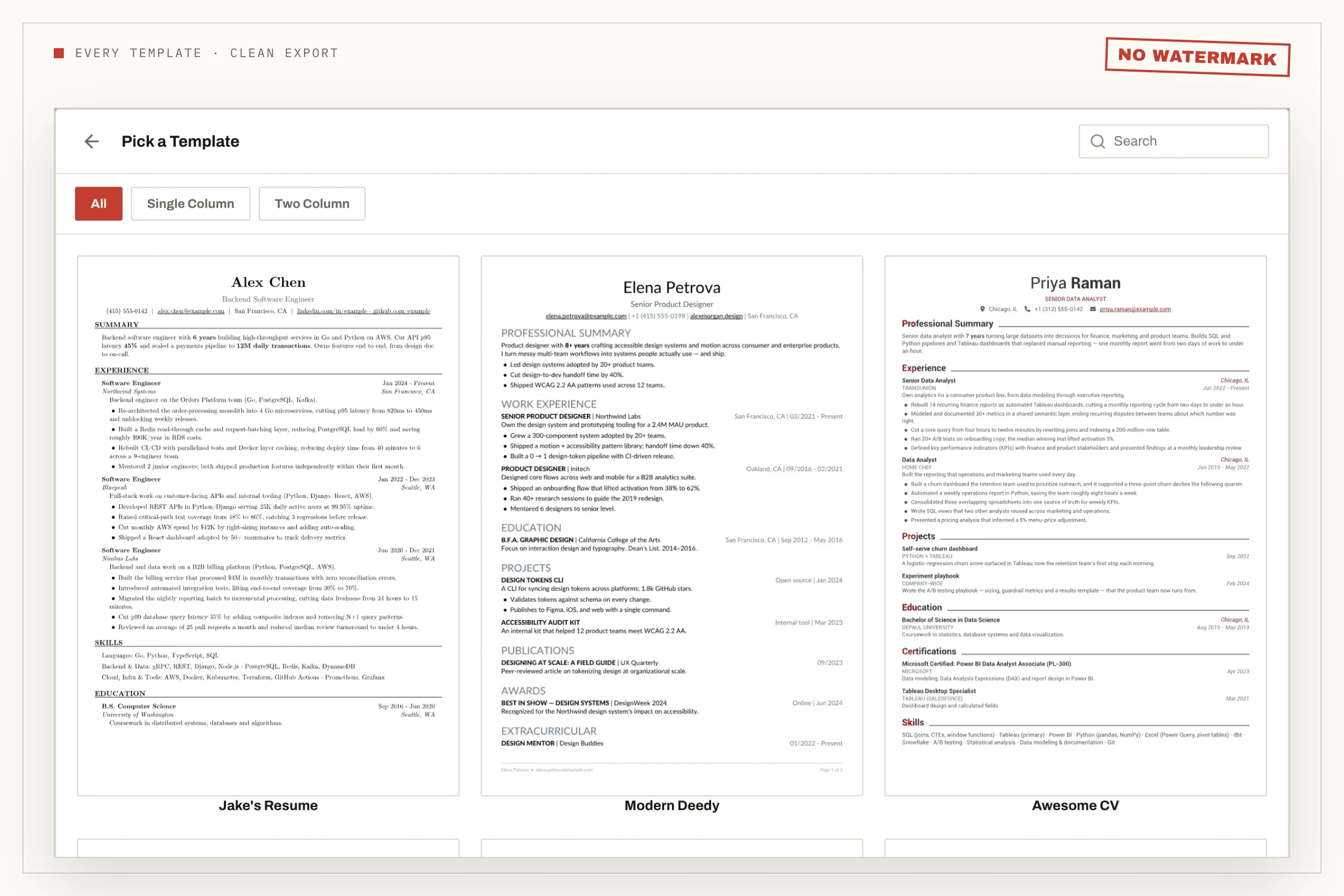 The NoCapCV template picker — every template exports without a watermark