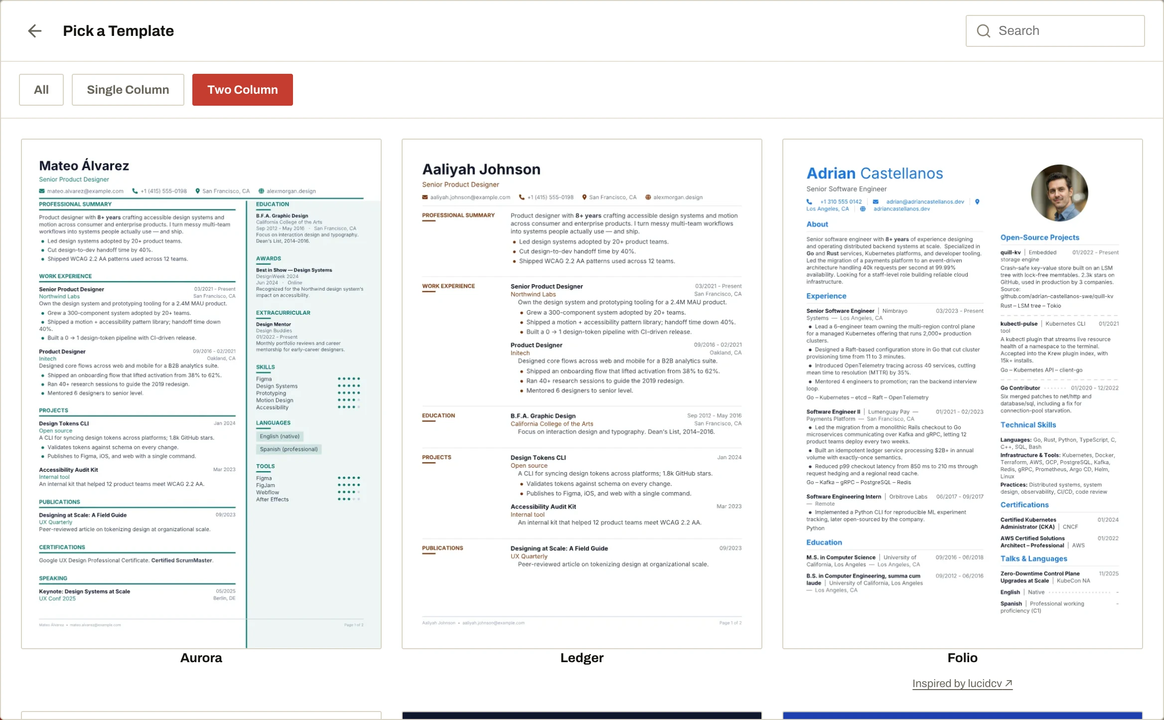 The NoCapCV template picker filtered to two-column templates — every template is included free
