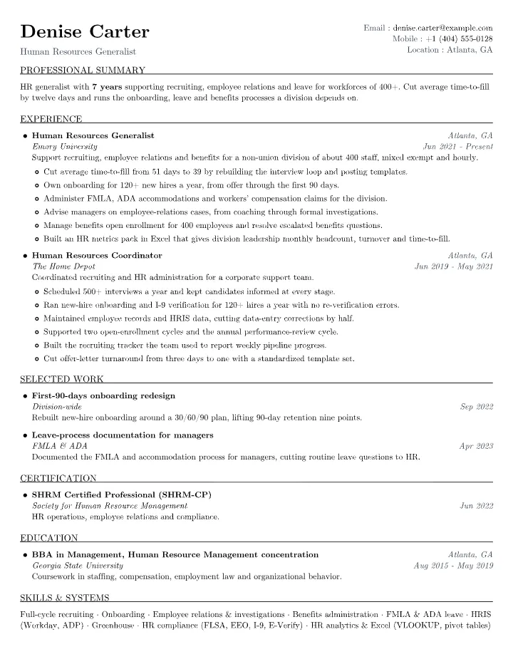 Human Resources resume sample — full page preview