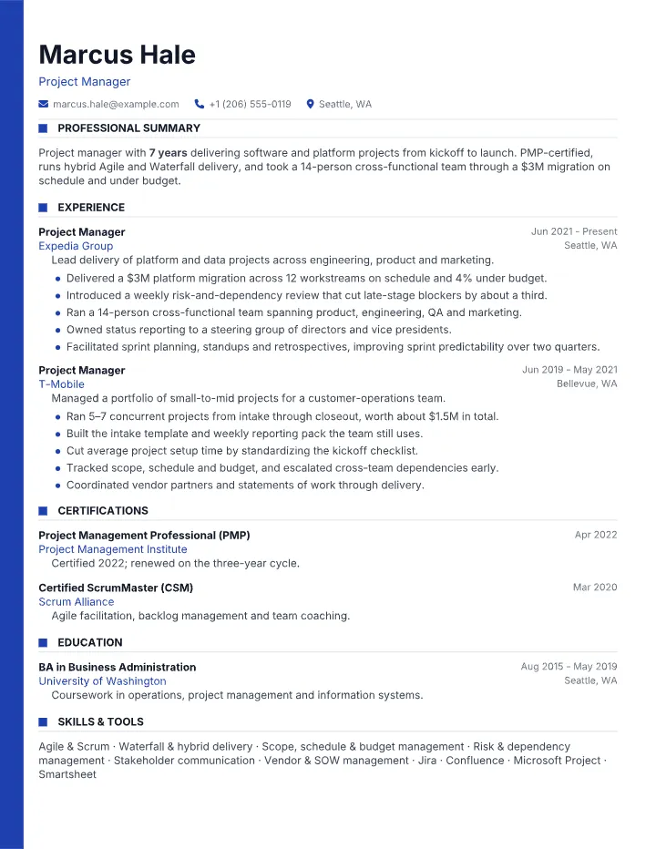 Project Manager resume sample — full page preview