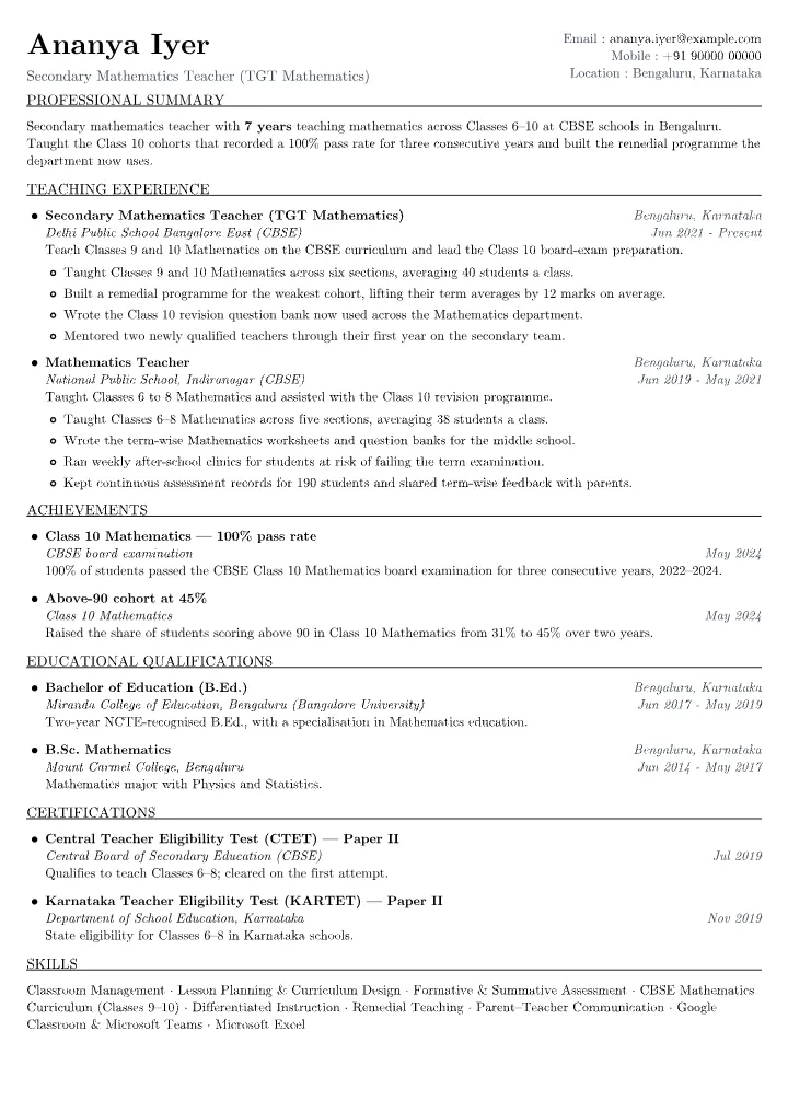 Teacher resume sample — full page preview