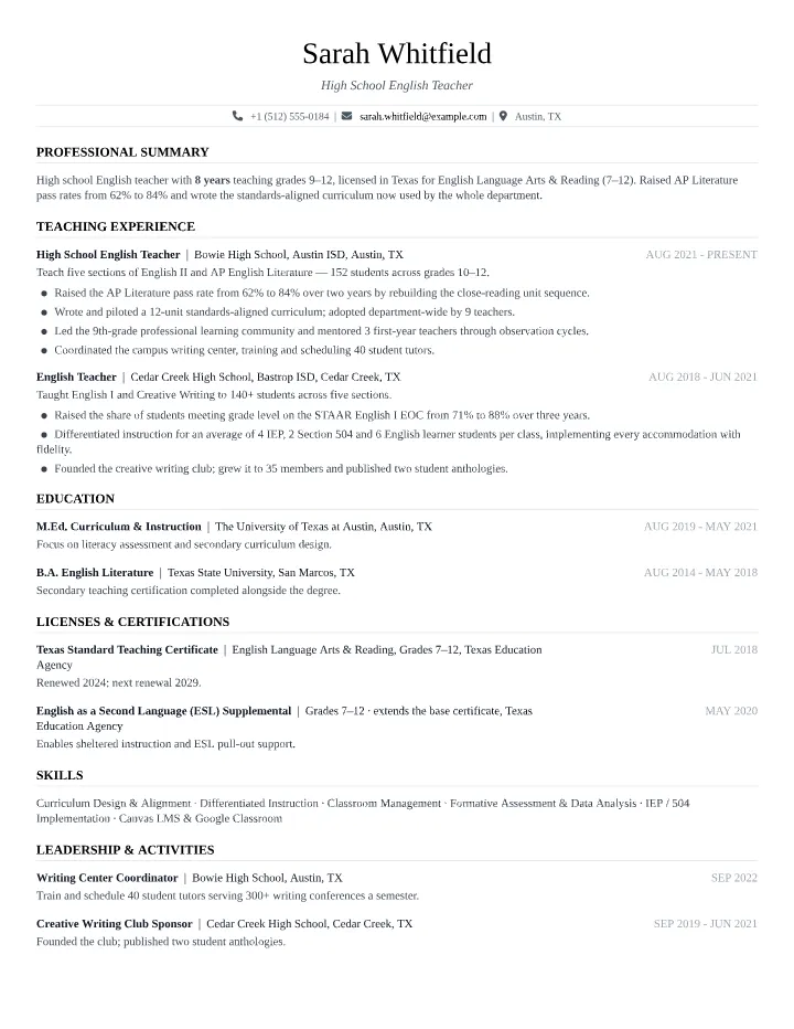 Teacher resume sample — full page preview