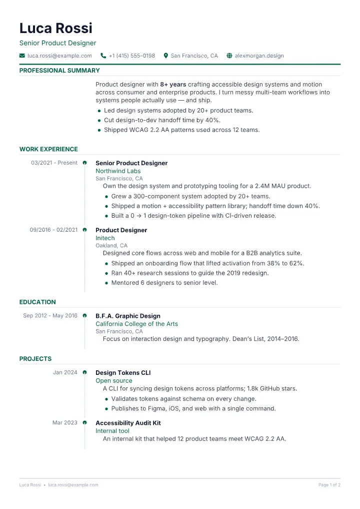 Cascade resume template — full page preview