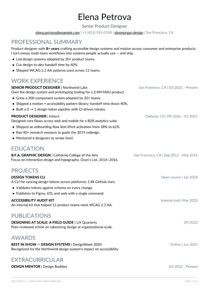 Modern Deedy resume template — full page preview